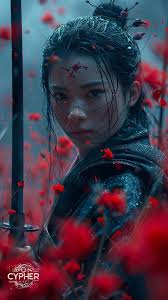 Japanese Warrior Woman: Silent Vigil in Scarlet Fields