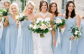 Can This Bridal Party Be Any More Perfect Mix Matched Fabrics Styles In Mist Bellabridesmaids Bel Mist Bridesmaid Dress Dessy Bridesmaid Bridal Party