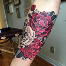 Neo Traditional Rose Arm Tattoo Done By David Brown At Glamort Tattoo In Montreal Traditional Rose Tattoos Rose Tattoo On Arm Traditional Tattoo Design