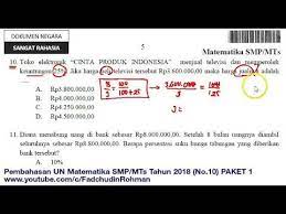 Kita dahulukan mengerjakan di dalam kurung, kemudian operasi perkalian atau. Pembahasan Soal Un Unbk Matematika Smp Tahun 2018 Paket 1 No 10 Youtube