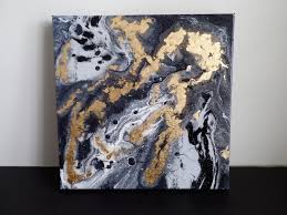 Black And White Canvas Painting Abstract Abstract Fluid Acrylic Art On Gallery Wrapped Canvas Black White Grey Gray Gold Home Decor Wall Hanging Original Art Acrylic Art Gallery Wrap Canvas Art