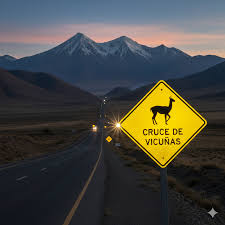 Señales de advertencia de animales en carretera con pictograma de camélido andino en la Panamericana Sur, cerca de Arequipa.