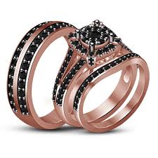 Black And Silver Wedding Band For Her 14k Rose Gold Finish 1 75ct Black Diamond His Her Trio Wedding Band Ring Set With Images Wedding Ring Bands