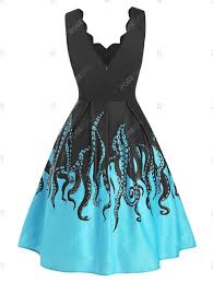 Octopus Print Scalloped Sleeveless A Line Dress In 2020 A Line Dress Dresses Print Dress