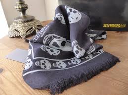 Alexander Mcqueen Skull Scarf In Navy And Grey Wool Silk Cashmere Blend Sold
