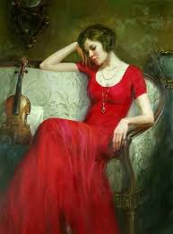 Woman Wearing A Red Dress Sitting On A Couch With A Violin Art Red Art Art Lady In Red