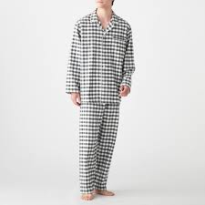 Side Seamless Flannel Pajama Men L Charcoal Gray Check Muji