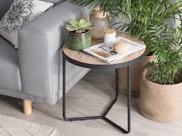 Couchtisch klein rund bei lionshome: Kaffeetisch Heller Holzfarbton Schwarz Rund O 50 Cm Melody Klein Beliani De