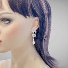 Bridal Wedding Crystal Marquise Floral CZ Drop Earrings, Silver Statement  Pearl Earrings, Art Deco Bride Flower Jewelry, Chandelier Earrings