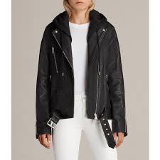 Allsaints Oversized Hooded Leather Biker 455 Liked On Polyvore Featuring Outerwear Jackets Black Hoode Long Hooded Jacket Leather Sleeve Jacket Jackets