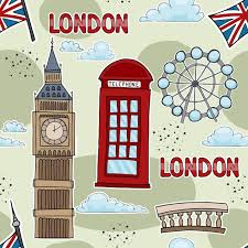 Patrón sin fisuras que representa los puntos de referencia de Londres:  cabina telefónica, bandera británica, London