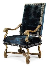A Louis Xiv Giltwood Fauteuil Circa 1700 The Rectangular Back And Seat Upholstered With Silver Threaded Dark Blue T Baroque Furniture Baroque Chair Louis Xiv