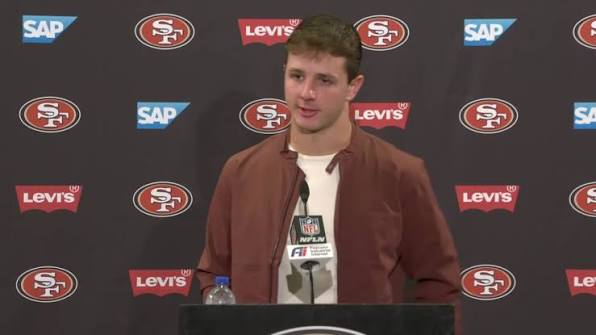 San Francisco 49ers quarterback Brock Purdy reacts to his dad shedding tears  in stands during Bucs-49ers game in Week 14