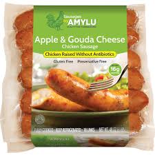 The texture is creamy and the flavors wonderfully cheesy, with some salt from the bacon and sweetness from the sausage; Sausages By Amylu Chicken Sausage Apple Gouda Cheese 48 Oz