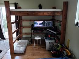 She used her loft bed more as a bunk bed, though the bottom bunk is actually on the ground. My Friend And I Just Finished Building A Loft Bed For My Tiny Studio Apartment Woodworking