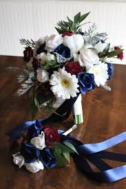 Faux wedding bouquets in navy blue flowers and eucalyptus greenery. Burgundy Navy And Ivory Silk Wedding Flowers Silk Wedding Flowers And Bouquets Online Love Is Blooming