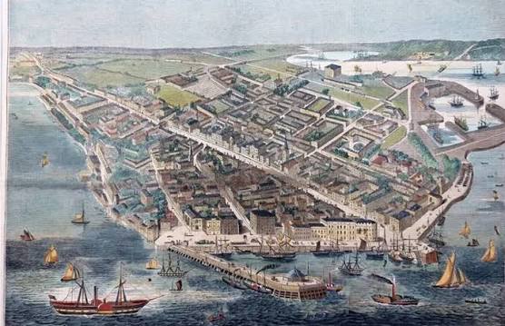 Great Meeting of the Royal Agricultural Society of England - The Town and Port of Southampton. Original antique woodcut engraving. Published by The Illustrated London News, 1844. Hand coloured I had not