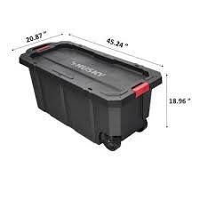How big is a stackable storage bin at home depot? 45 Gal Latch And Stack Tote With Wheels In Black Stackable Storage Bins Heavy Duty Storage Bins Tote With Wheels
