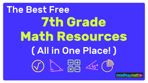 The topics include fractions, decimals, percent, probability, ratio and proportion, number lines, inequalities, circumference, algebraic expressions, integer rules, equations, and unit rate. The Best Free 7th Grade Math Resources Complete List Mashup Math