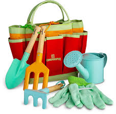 Amazon Com Kinderific Gardening Tool Set Designed For Kids Stem Tote Bag Spade Watering Can Rake Garden Tool Set Gardening For Kids Kids Gardening Tools
