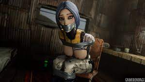 arms behind back bondage borderlands borderlands 2 bound bound  arms bound legs breasts breasts out chair female gag gagged gamebondage  helpless looking at viewer maya (borderlands) sitting solo tape