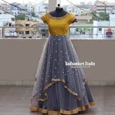 Beautiful Gray And Mustard Yellow Color Combination Floor Length Dress With Floral Design Ahnd Emb Long Dress Design Indian Gowns Dresses Kids Designer Dresses