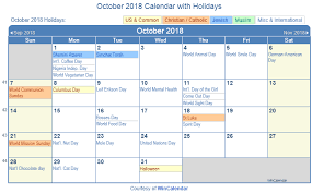 October 2018 Calendar With Holidays Calendar Holiday Templates Holiday