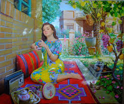 چاي وعيون الشذر tea and the turquoise eyes بنت من الطبقة الوسطى في العراق في فترة السبعينات للرسام محمود فهمي عبود painting relaxing art art