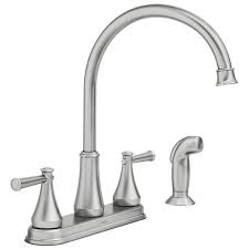 This commercial kitchen sink faucet offers you several innovations that make it worth your while to consider it. Moen Stevie Two Handle Spot Resist Stainless Kitchen Faucet With Side Spray At Menards