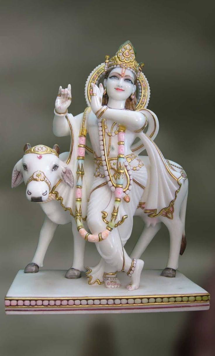 White Marble Lord Krishna with Cow Statue product image