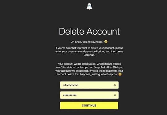 صفحة حذف حساب Snapchat من بوابة الحسابات الرسمية