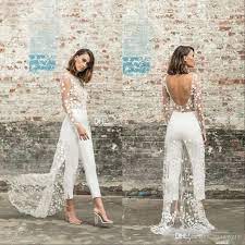 Designer Jumpsuit Beach Wedding Dresses Jewel Neck Long Sleeve Backless Ankle Wedding Dress Trends Bridal Shower Outfit Wedding Dresses