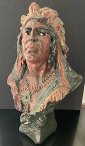 RARE-ANTIQUE CHALKWARE CIGAR STORE INDIAN BUST, GERONIMO, SIGNED J.LOMBARDI  1901