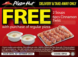 Elige tu pizza entre las irresistibles super suprema, big hut mix, pepperoni lover's o decídete por nuestra mítica meat lover's. Delivery Takeaway Free 2 Soups 6pcs Cinnamon Twist With Purchase Of Regular Pizza Pizza Hut New Delivery Takeaway Coupons 1 31 Oct 2014 Msiapromos Com