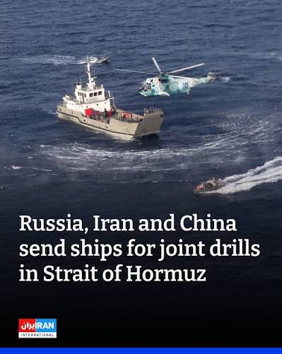 Russia, Iran and China have sent warships to take part in joint naval  exercises in the Strait of Hormuz, Russian presidential aide Nikolai  Patrushev said in remarks published on Tuesday. The drills,