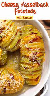 Cheesy Hasselback Potatoes With Bacon Suebee Homemaker Recipe Recipes Hasselback Potatoes Vegetable Side Dishes