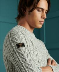 Superdry Mens Jacob Crew Cable knit jumper Concrete Twist Grey