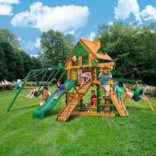 Gorilla Playsets Frontier Treehouse Wooden Swing Set With Timber Shieldposts Tire Swing And Climbing Ramp 01 0052 Ts The Home Depot Wooden Swing Set Swing Set Backyard Playground