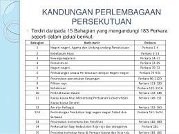 Perlembagaan persekutuan yang asal mengandungi 14 bahagian dengan 181 perkara. Bab 2 Perlembagaan Persekutuan