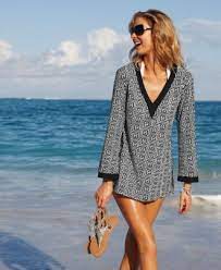 Kenneth Cole Reaction Cover Up V Neck Long Sleeve Geometric Printed Tunic Womens Swim Macy S Cover Up Popular Swimwear Chic Resort Wear