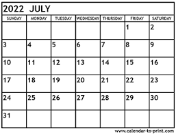 July 2022 Calendar Printable