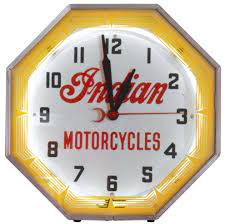Neon ring is easily turned on and off with a pull chain on. Motorcycle Neon Clock Indian Mfgd By Neon Products Inc Prof Restored Exc Cond 18 5 H X 18 5 W