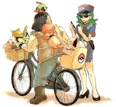 Safebooru 1boy 1girl Basket Bicycle Biker Pokemon Black Hair Clefairy Eevee Green Hair Igglybuff Junsaa Pokemon Magby Natu Pi Pokemon Black Pokemon Anime