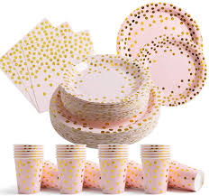 N9r 150pcs gold plastic plates with plastic cutlery set and cups, disposable silverware include 25 dinner plates, 25 dessert plates, 25 forks, 25 knives, 25 spoons, 25 cups for party and wedding 4.7 out of 5 stars 448 Buy 200pcs Pink Disposable Paper Plates Cups Napkins Set Party Supplies Gold Dots On Pink 50 Dinner Plates 50 Dessert Plates 50 Napkins And 50 9 Oz Cups For Baby Shower