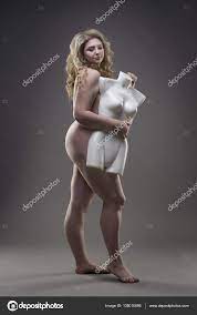 Young beautiful blonde naked plus size model with dummy, xxl nude woman on  gray studio background Stock Photo by ©starast 135010896