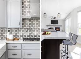 Black And White Backsplash Tile Bold Graphic Black And White Backsplash Tile And View Into The Living Room For A Modern Farmhouse Kitc Farmhouse Kitchen Remodel Tile Remodel Kitchen Remodel