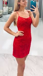 Free Shipping Tie Back Appliqued Sheath Red Homecoming Dress Red Homecoming Dresses Short Lace Homecoming Dresses Short Lace Homecoming Dresses