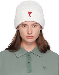 AMI Paris Off-White Red Ami de Cœur Beanie AMI