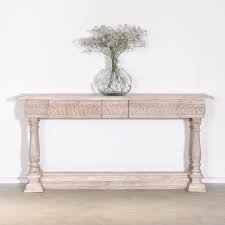 Shop slender consoles in a variety of different styles and finishes to find the perfect one to complement your hallway at cox and cox. Large Carved Wooden Acacia Console Table Furniture La Maison Chic Luxury Interiors