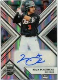 Find chrome prospect autographs of eloy jimenez, vladimir guerrero jr., wander franco, joey bart, julio pablo martinez, nick madrigal, seuly matias, tirso ornelas, victor victor mesa, victor mesa jr. Future Watch Nick Madrigal Rookie Baseball Cards White Sox Go Gts